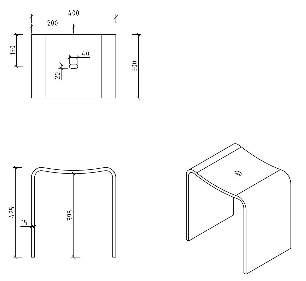 Solid Surface Hocker Kruk - Matwit lijntekening