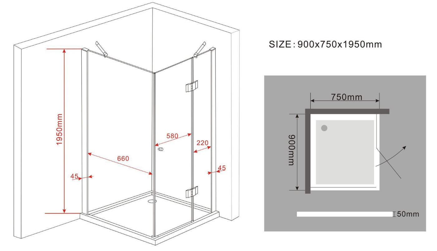 Douchecabine 90x75x195 cm met draaideur - Lijntekening
