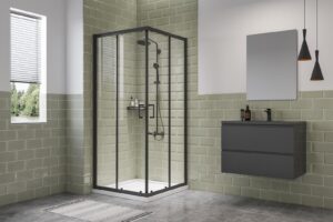 Douchecabine hoekinstap matzwart met schuifdeuren (hoogte: 200 cm)